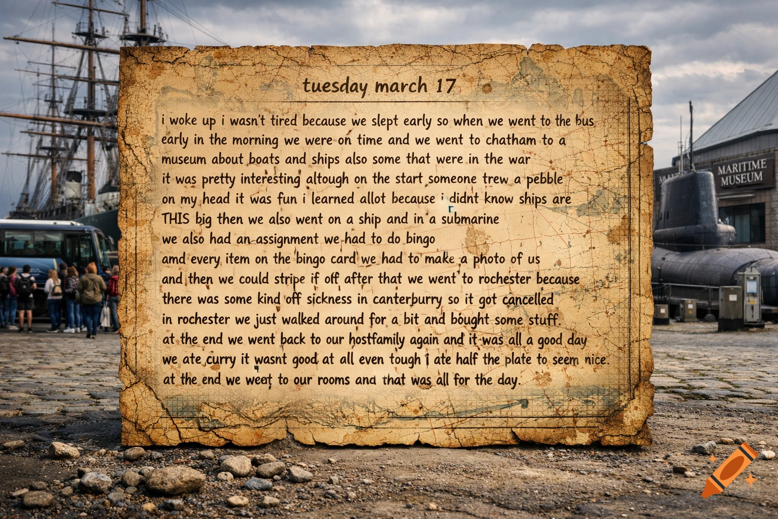 A textured paper with a diary entry about a museum visit in front of a maritime museum with a ship and submarine.