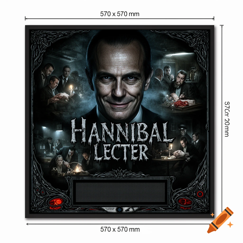 A dark, stylized horror poster for Hannibal Lecter featuring a large, smiling man in the center, surrounded by smaller, dimly lit scenes of other men with raw meat, with a pinball DMD field at the bottom.