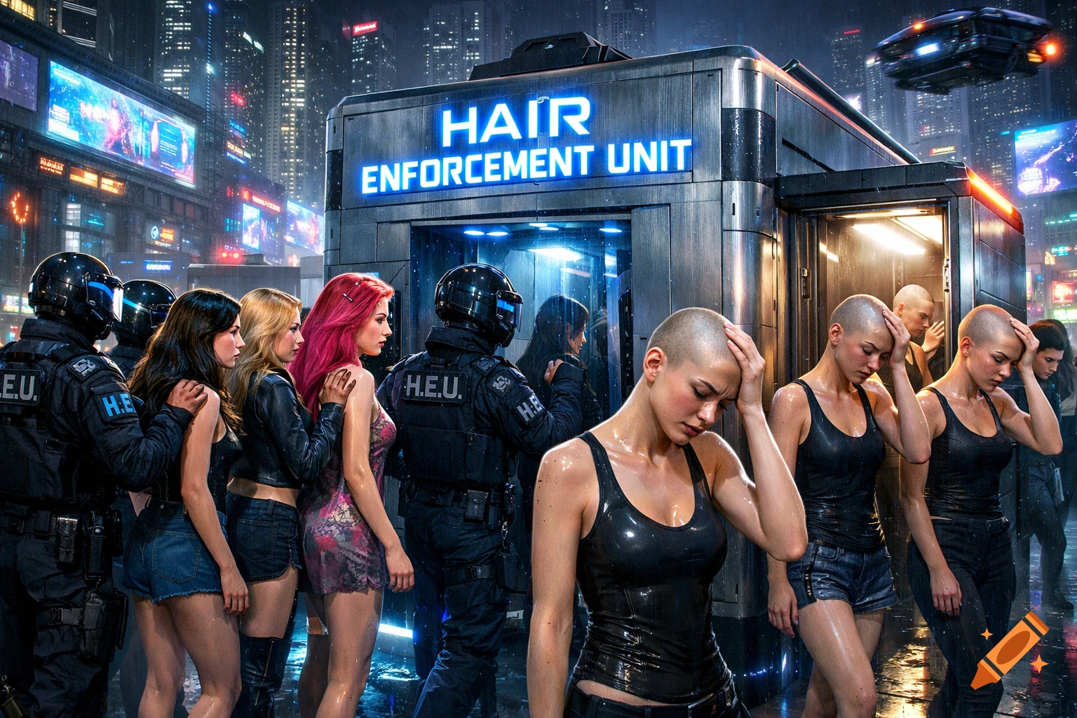 A dystopian cyberpunk street scene with a 'Hair Enforcement Unit' building. Officers lead women with long hair towards it, while women with shaved heads look dejected in the rain.
