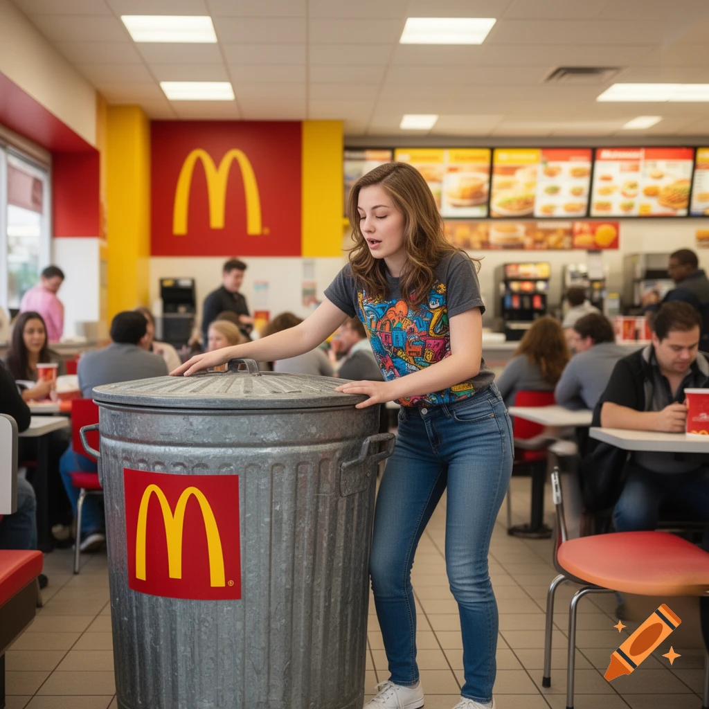 A young woman in a McDonald's restaurant leans on a large metal trash can with a McDonald's logo.