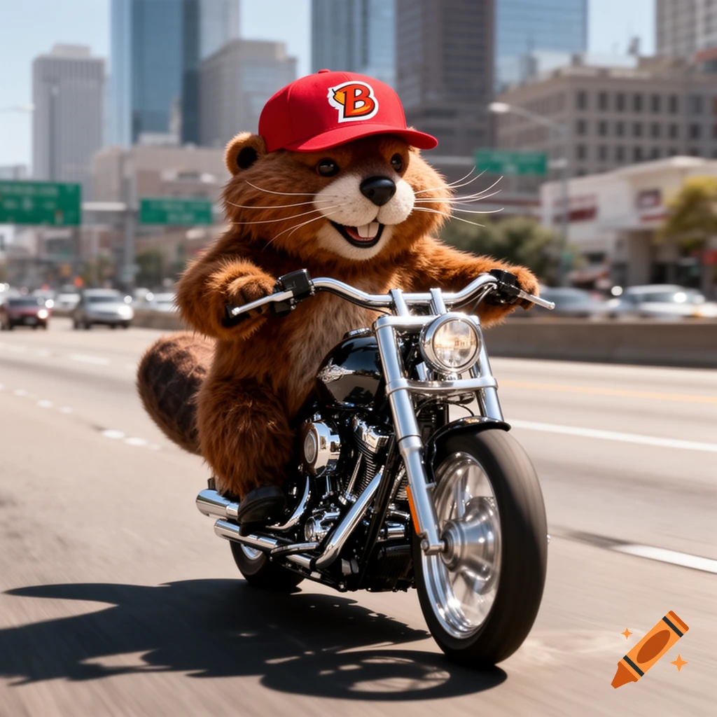 A photorealistic cartoon beaver mascot wearing a red cap with a 'B' emblem rides a black motorcycle on a city highway.
