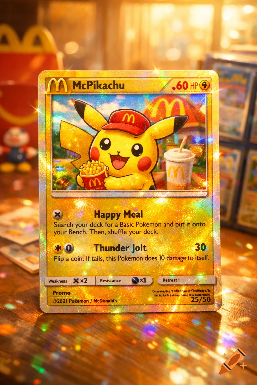 Holographic McPikachu Pokémon trading card with Pikachu holding fries and a drink on a wooden table, McDonald's Happy Meal box in background.