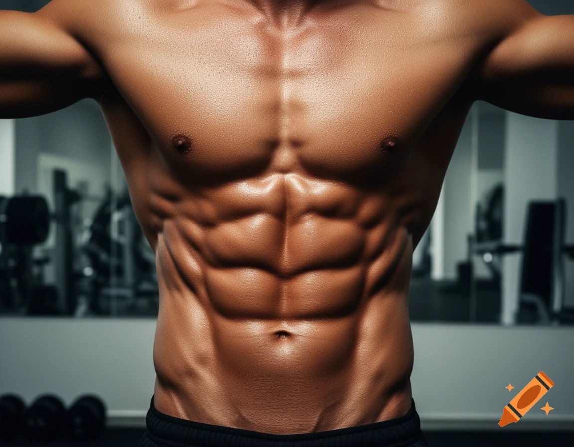 Close-up of a shirtless, muscular man with a prominent six-pack, standing in a gym.