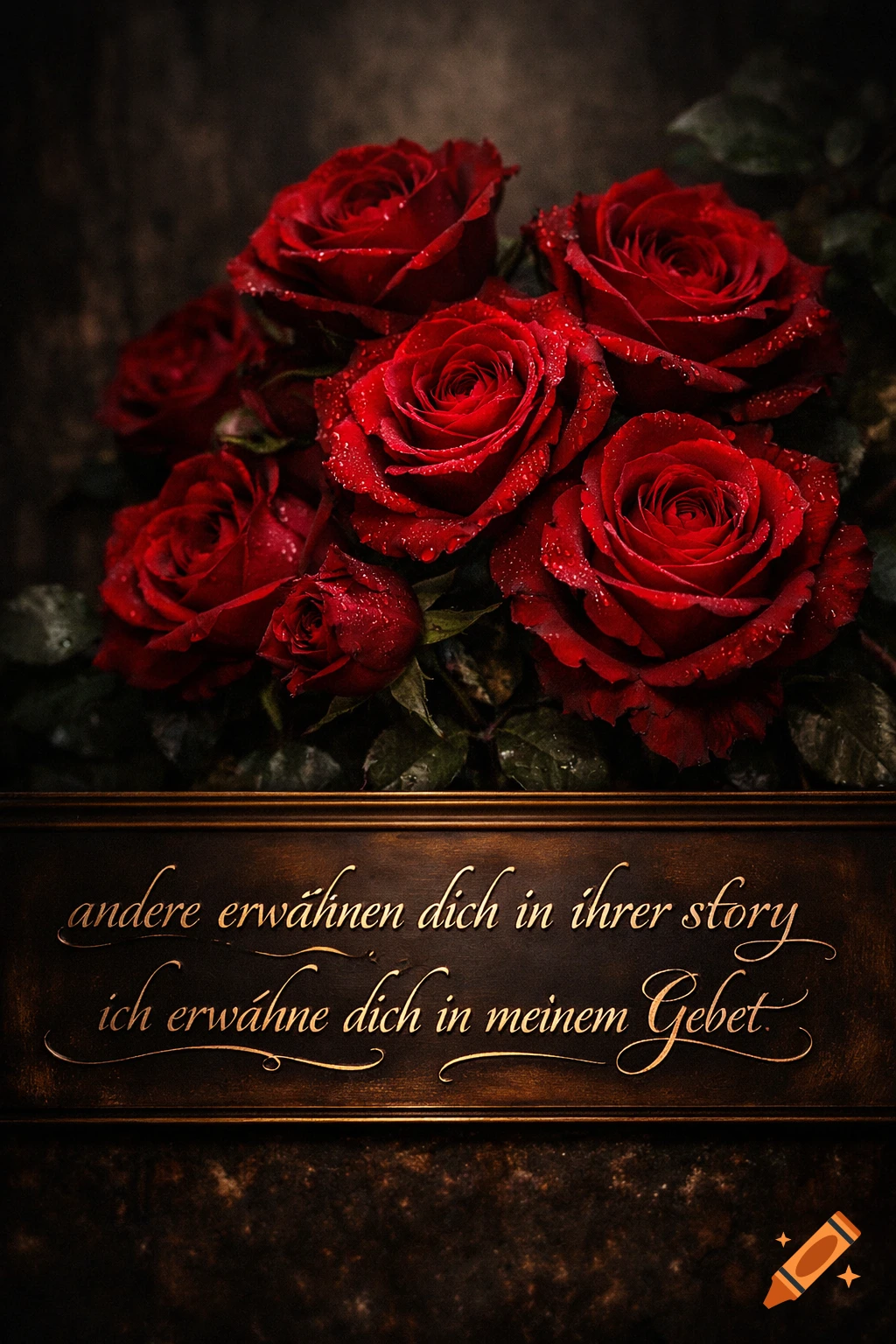 A photorealistic bouquet of dark red roses covered in dewdrops, with a golden-lettered German inscription on a wooden plaque.