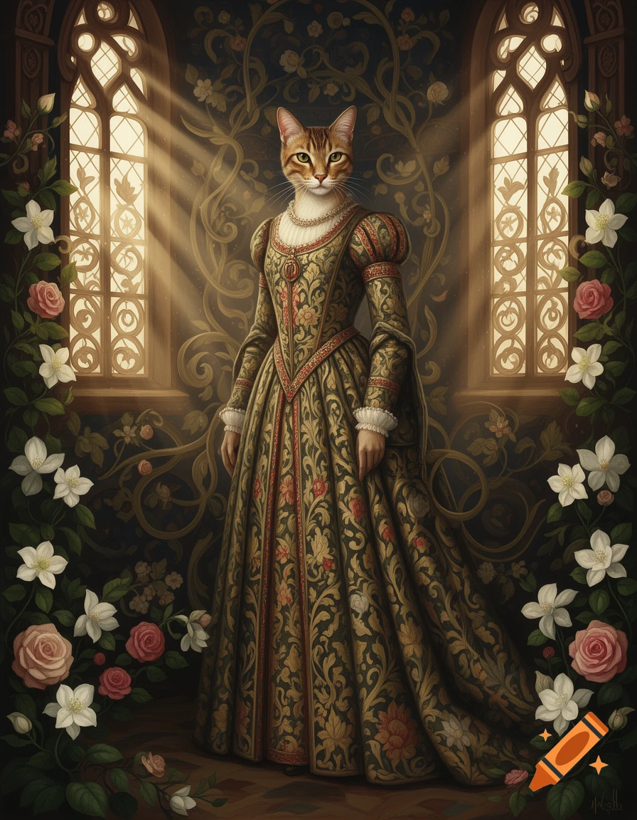 A cat with a human body wears an elaborate Jacobean-style dress in an ornate room with arched windows and floral accents.