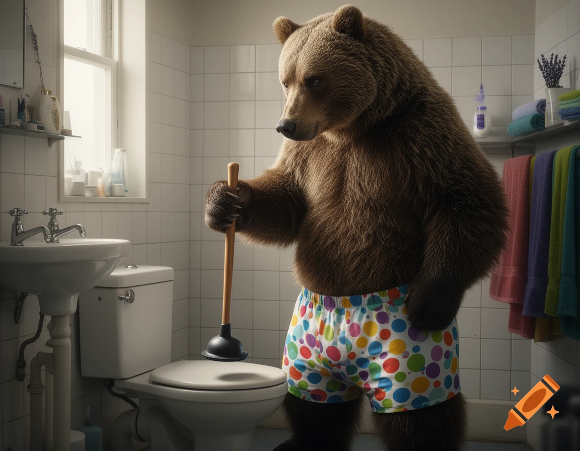 A photorealistic bear wearing colorful polka-dot boxer shorts stands in a bathroom, holding a plunger and looking at a toilet.