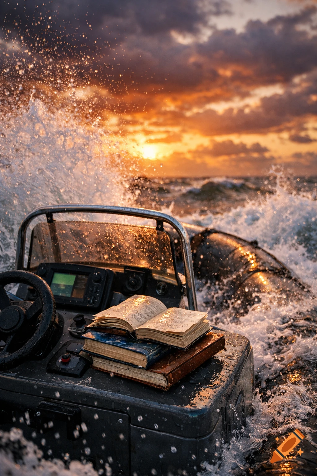 Close-up of an inflatable boat in a rough, wavy sea at sunset. Water splashes around an open book wet on the console, bathed in golden light.