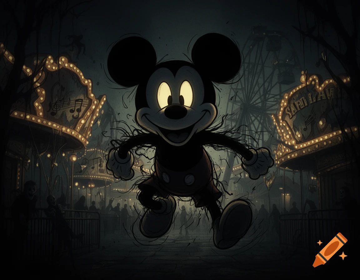 Creepy, distorted Mickey Mouse with glowing eyes jumps in a dark, abandoned carnival with eerie rides and shadowy figures in a dark cartoon style.