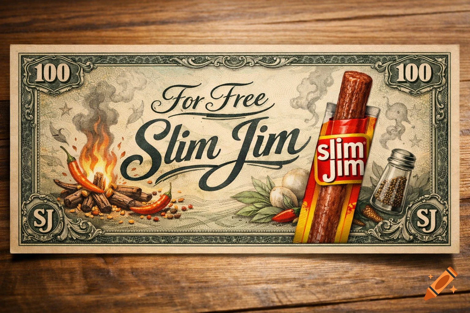 Vintage-style banknote for 'For Free Slim Jim' featuring a beef stick, chili peppers, campfire, and spices on wood.