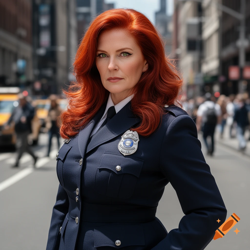 A photorealistic portrait of a middle-aged redhead woman in a navy blue police uniform, standing on a busy city street.
