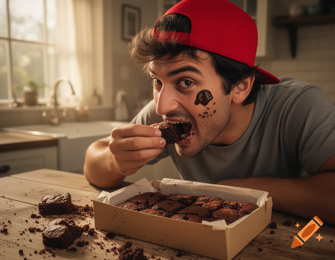 A man in a red cap messily devours brownies in a sunlit kitchen, chocolate smudged on his face.