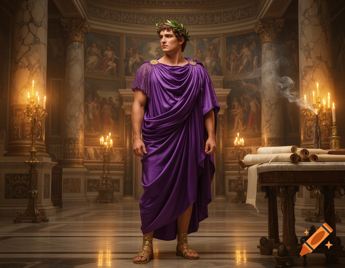 Photorealistic portrait of a man in a purple toga and laurel wreath standing in a grand classical hall with columns and frescoes.