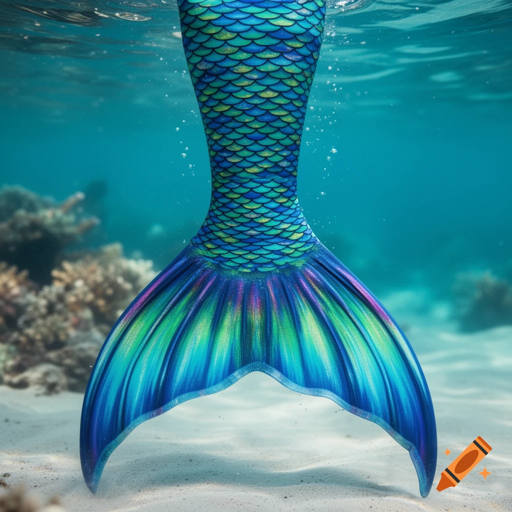 A vibrant blue and green mermaid tail with iridescent scales and flowing fins, submerged in clear turquoise water over a sandy seabed with coral.