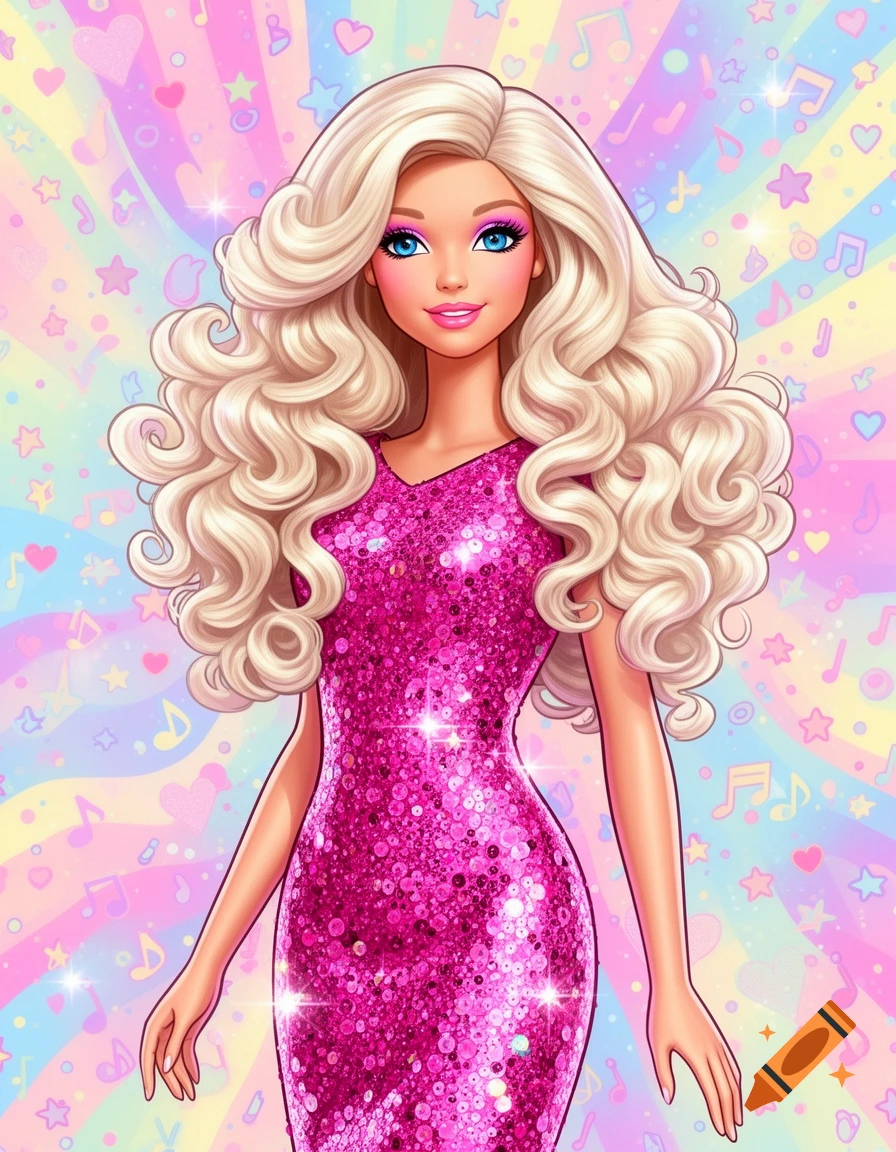 An illustration of a blonde Barbie doll in a sparkly pink dress, smiling against a vibrant, pastel background with musical notes and hearts.