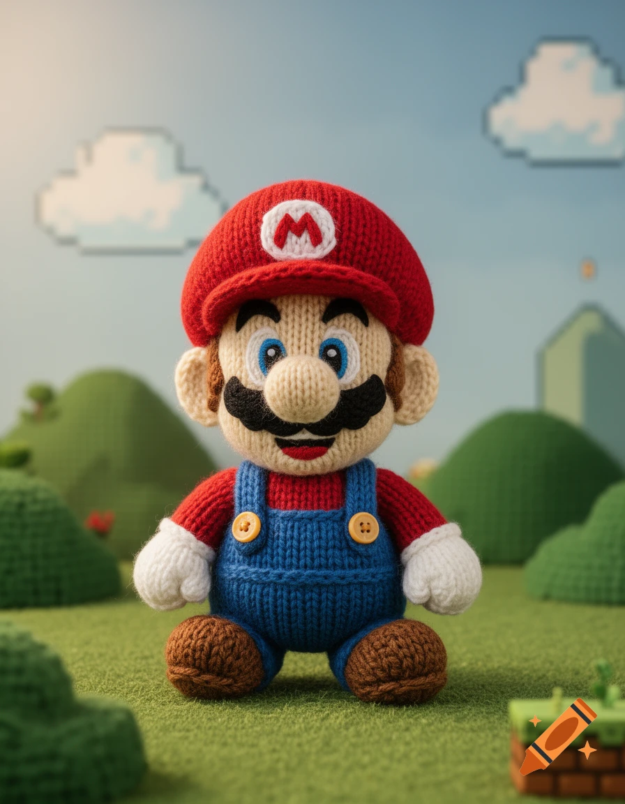 A knitted Mario doll sits in a vibrant, green Super Mario Bros. themed landscape with pixelated clouds.