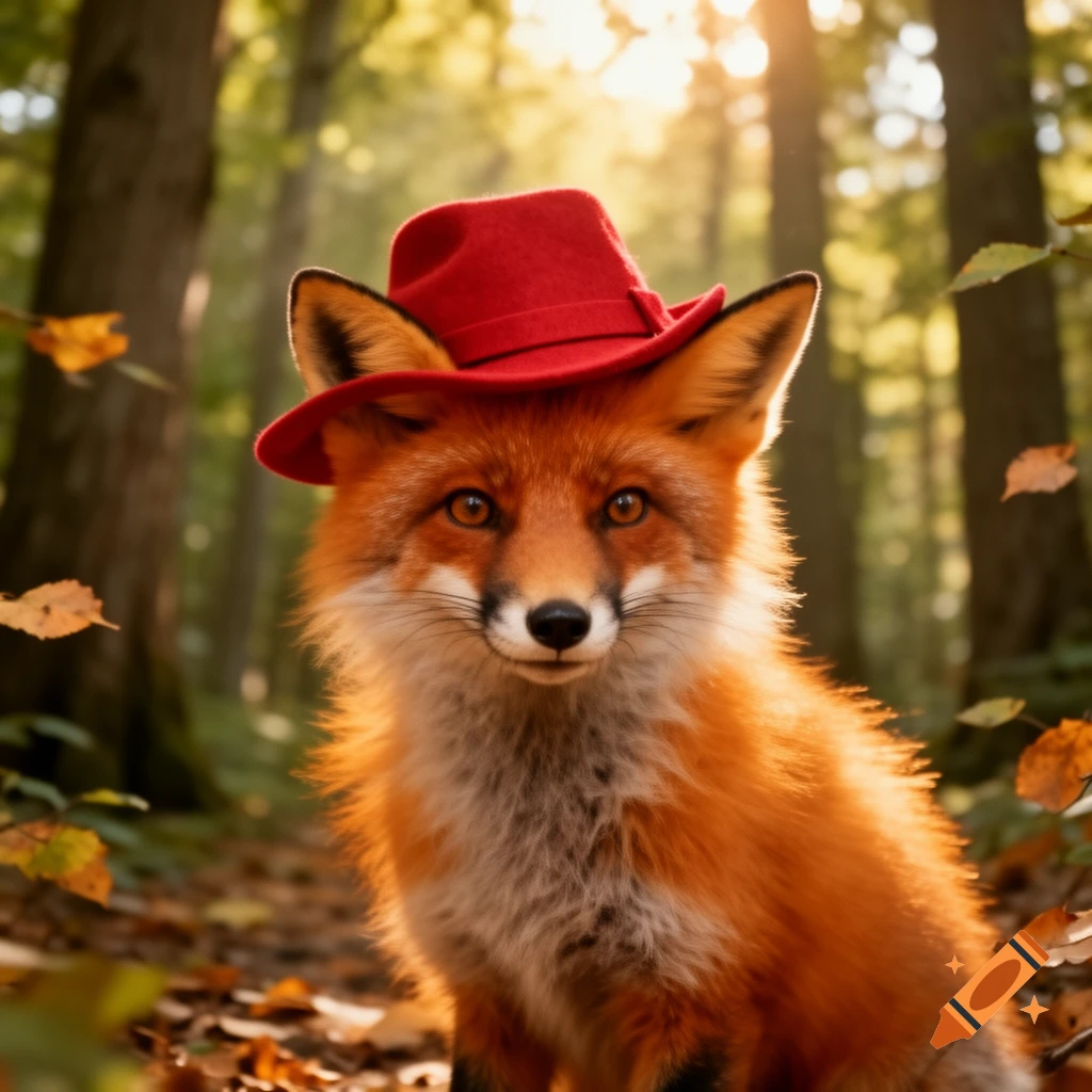 A photorealistic red fox with a red hat sits in a sunlit forest ...