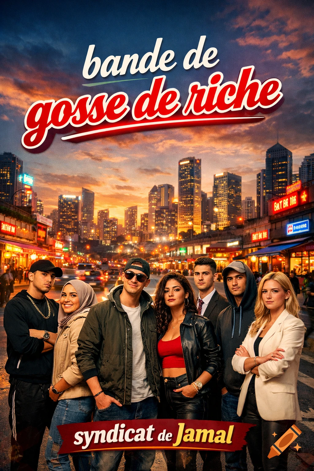 Movie poster of diverse young adults on a city street at sunset, with French text 'bande de gosse de riche' and 'syndicat de Jamal'.