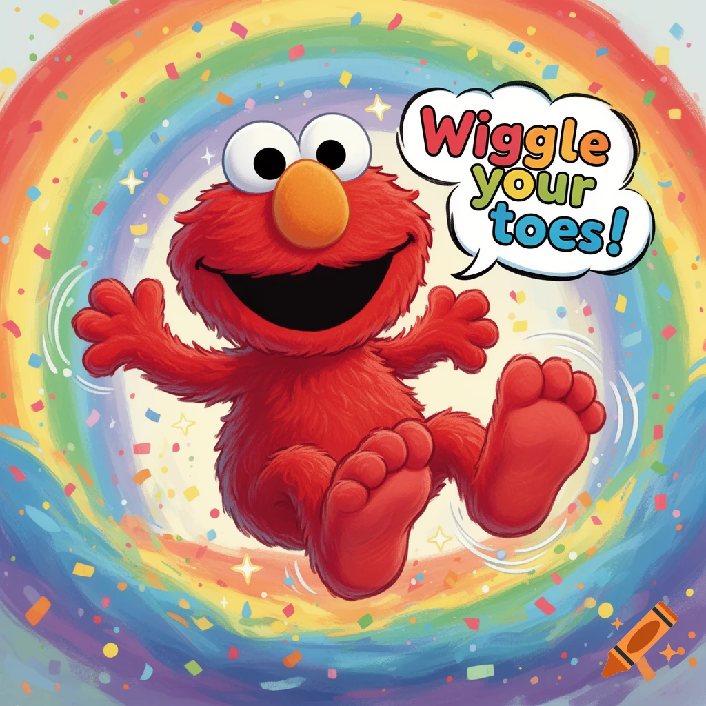 Elmo smiles, sitting with his feet up, saying "Wiggle your toes!" in a speech bubble, against a colorful rainbow and confetti background.