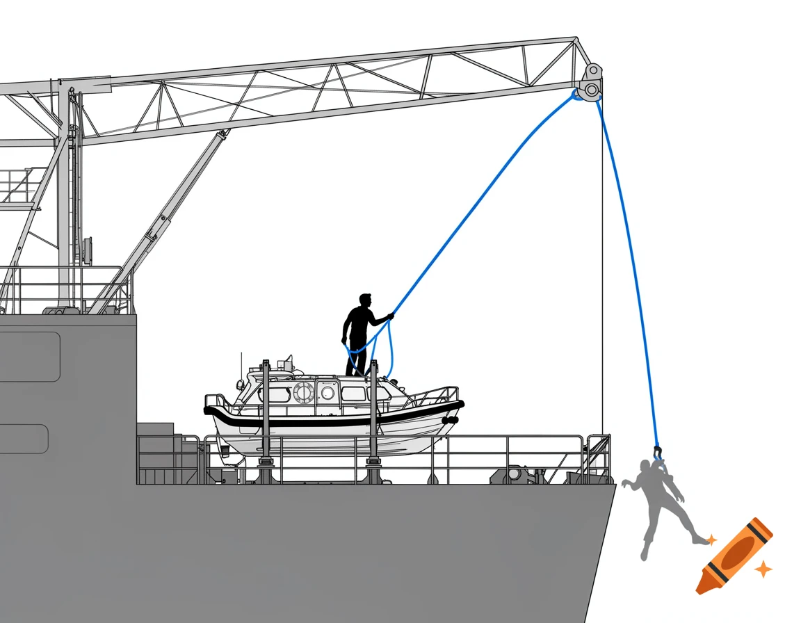Technical safety diagram of a ship's deck with a rescue boat, a rescuer, and a suspended victim on a blue rope. Flat vector art.