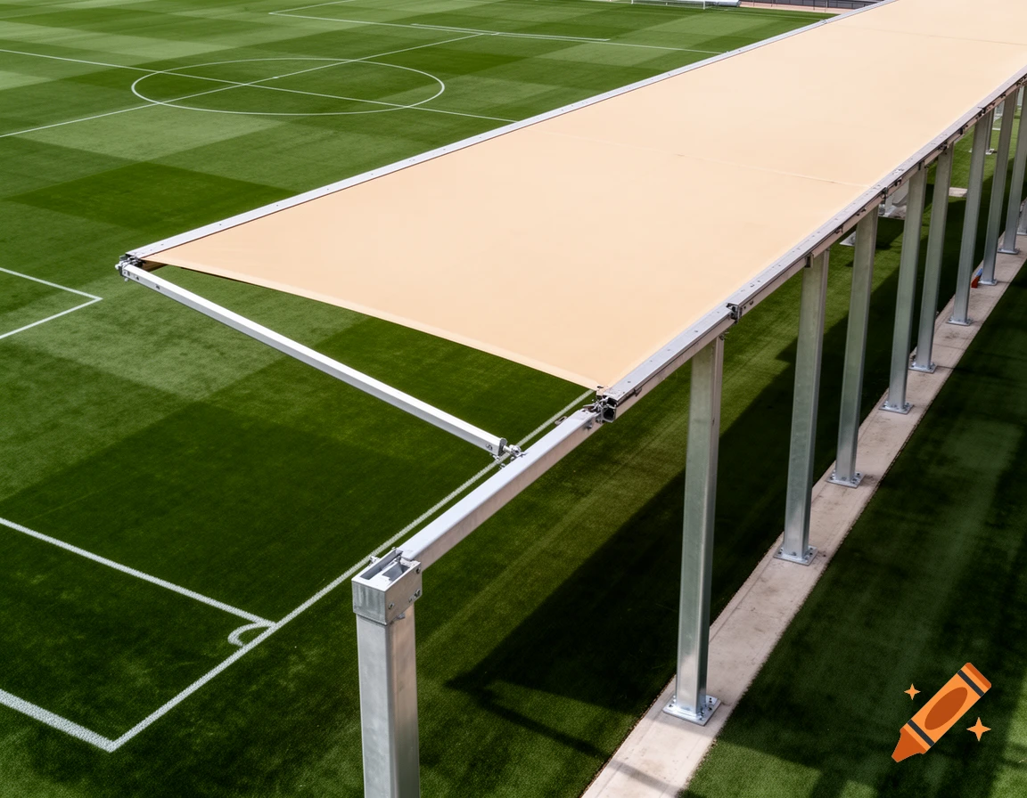 A high-angle view of a synthetic soccer field with white lines next to a long beige canopy supported by silver pillars.