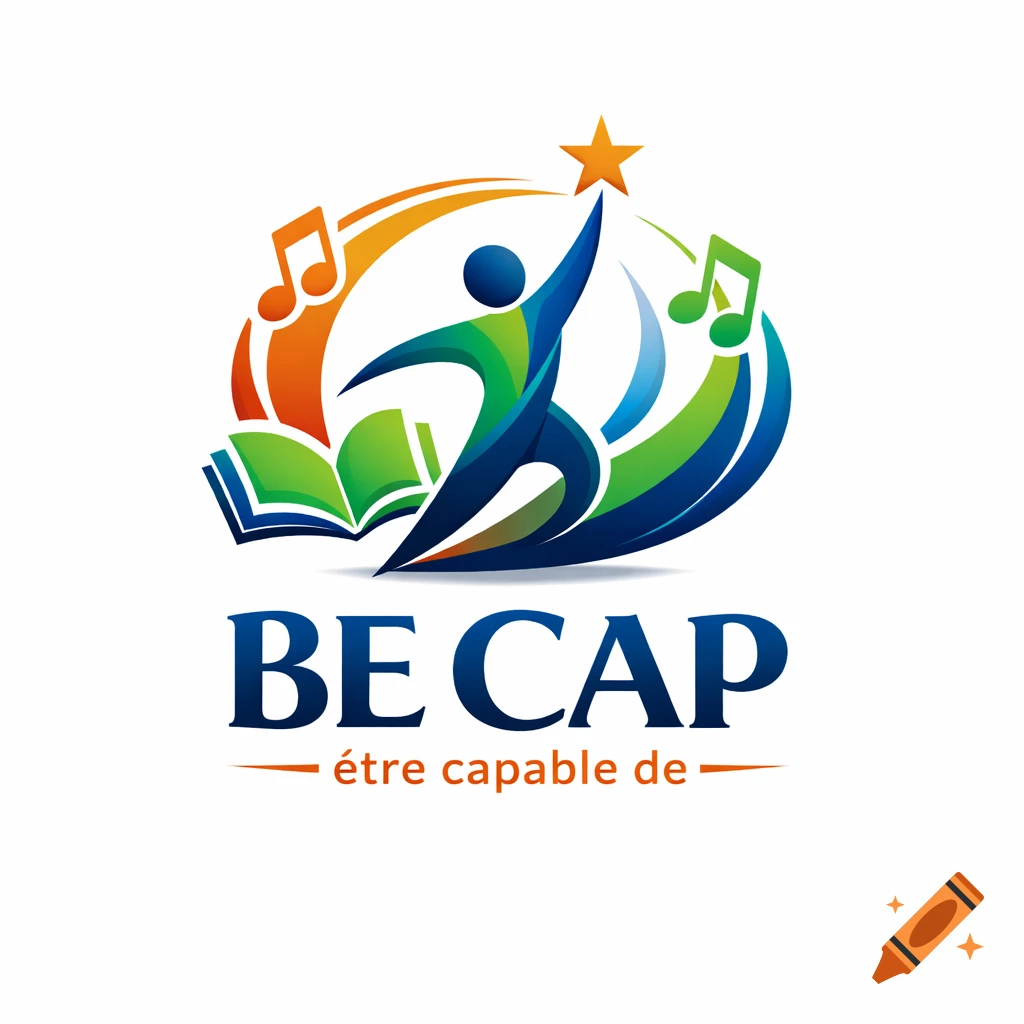 Colorful logo with a stylized human figure reaching for a star, a book, and music notes, with text 'BE CAP HOBêtre capable de'.