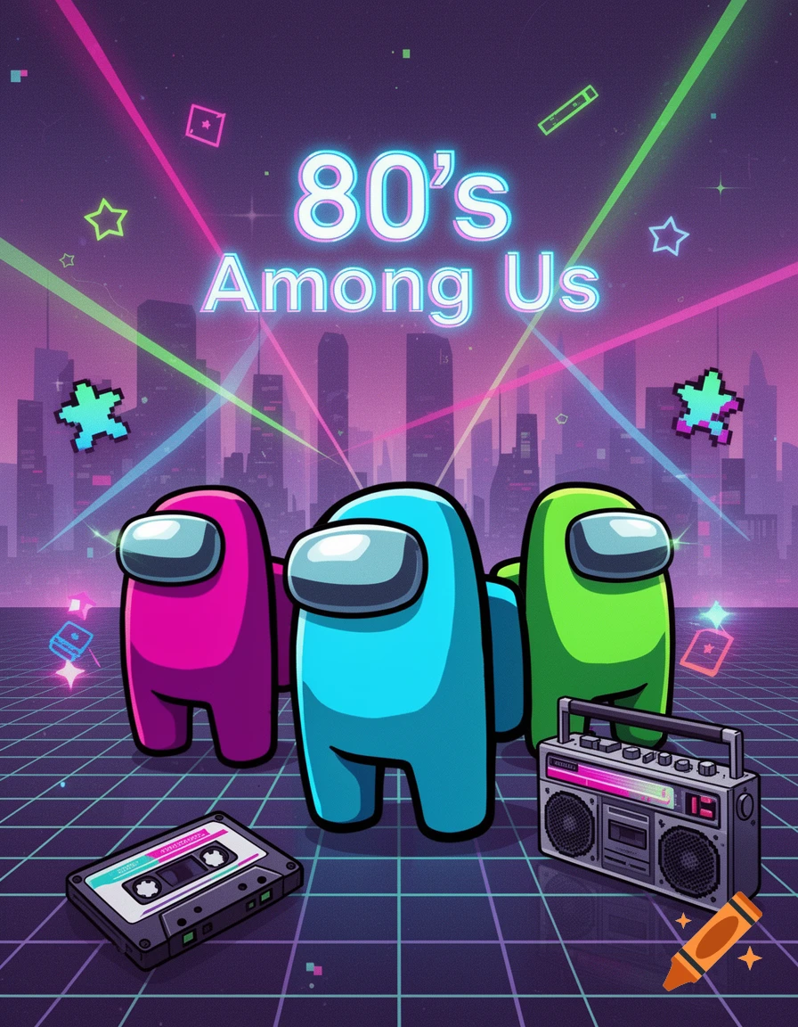 Three Among Us characters (pink, cyan, green) in an 80s neon cityscape with a boombox and cassette tape, text '80's Among Us'.
