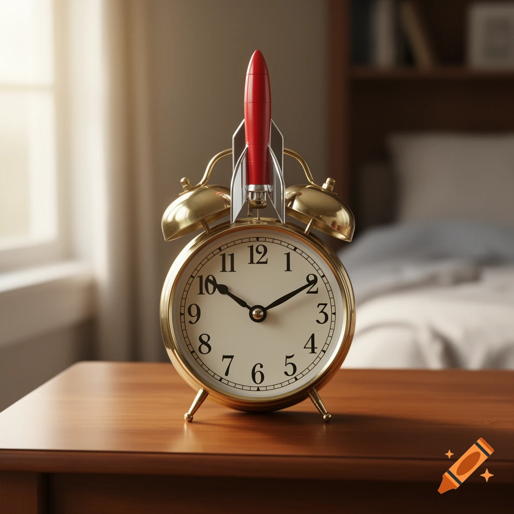 A photorealistic image of a golden alarm clock with a small red and silver rocket on top, sitting on a wooden nightstand.