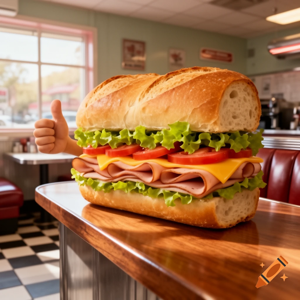 A large sub sandwich with lettuce, tomato, cheese, and deli meat, giving a thumbs up, in a diner setting.