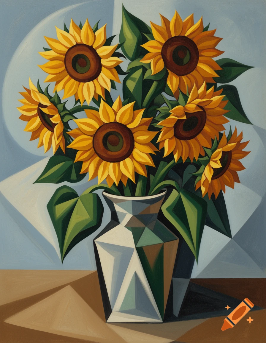 A Cubist painting of a bouquet of sunflowers in a geometric vase on a table.