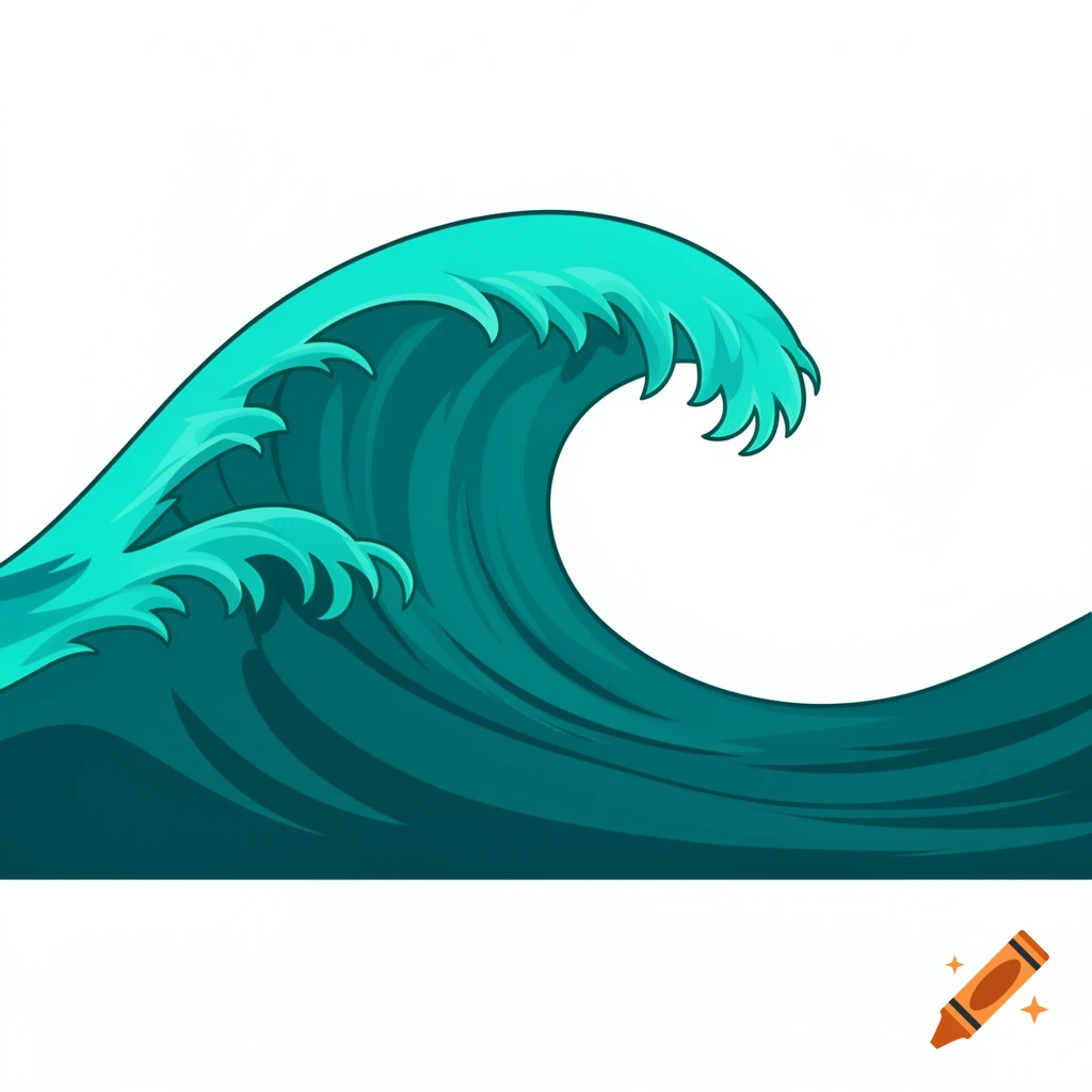 A stylized teal and turquoise ocean wave breaking on a white background.