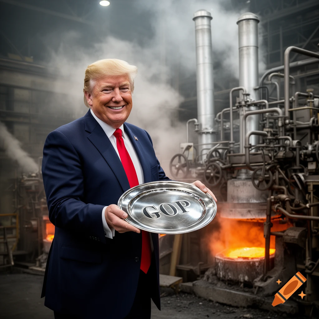 Donald Trump smiles, holding a silver platter with "GOP" engraved on it, standing in a photorealistic industrial factory.