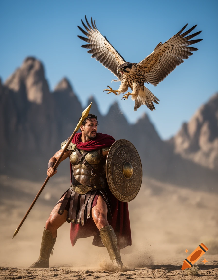A muscular warrior in Spartan armor with a red cape, spear, and shield ...