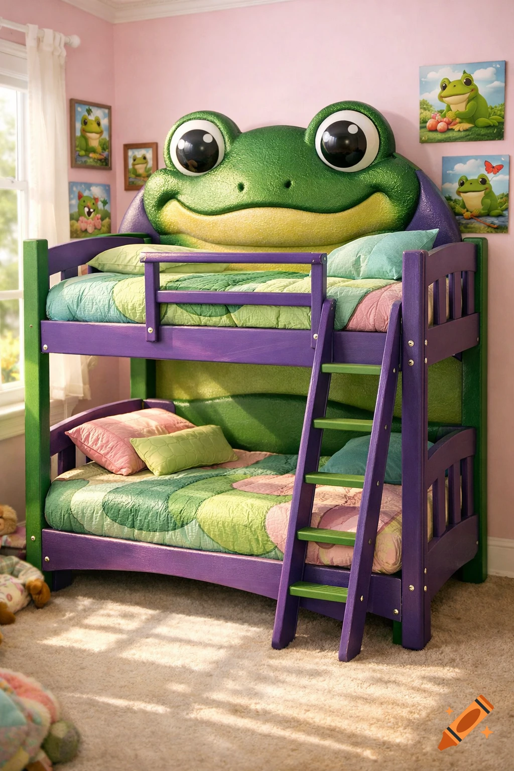 A vibrant frog-themed bunk bed in green and purple colors with a large frog headboard, in a child's bedroom.