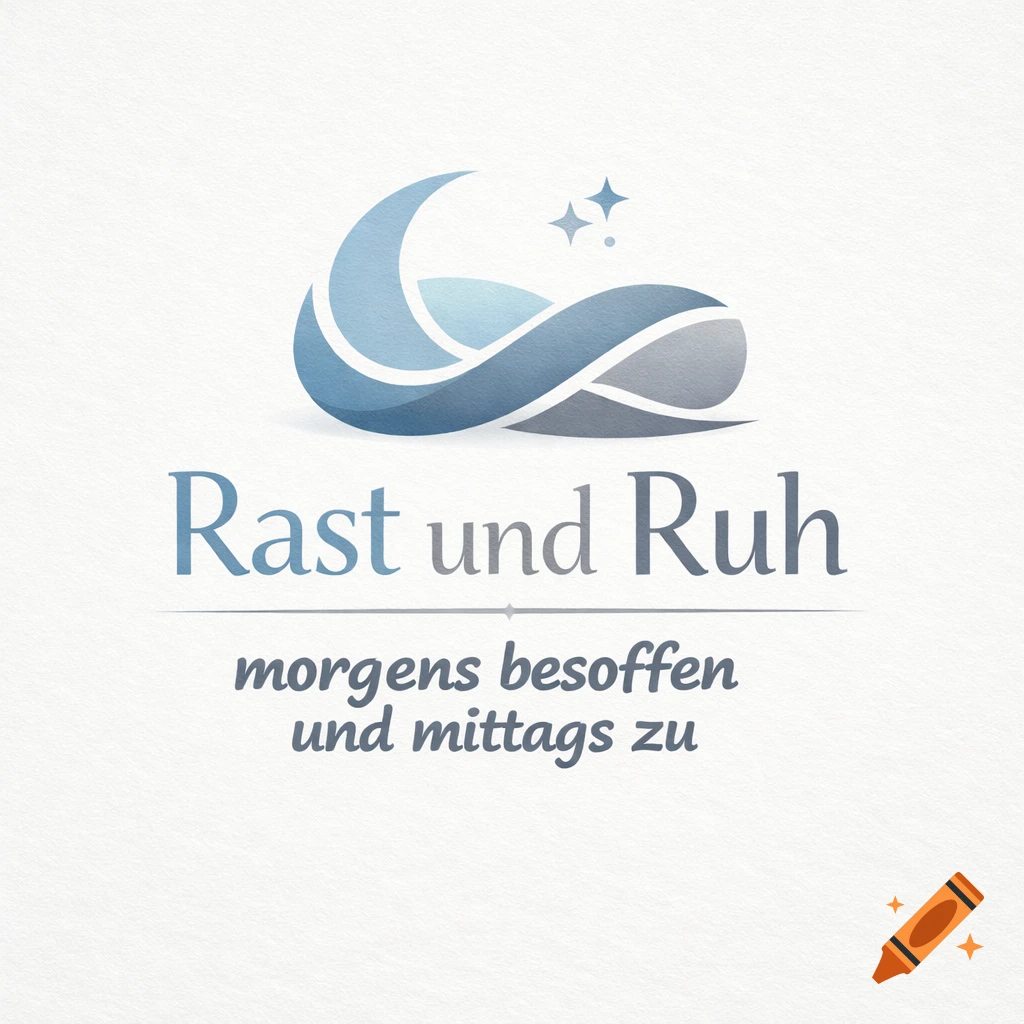 A blue and grey logo with abstract wave shapes, a crescent moon, and two stars, above the text 'Rast und Ruh' and 'morgens besoffen und mittags zu'.