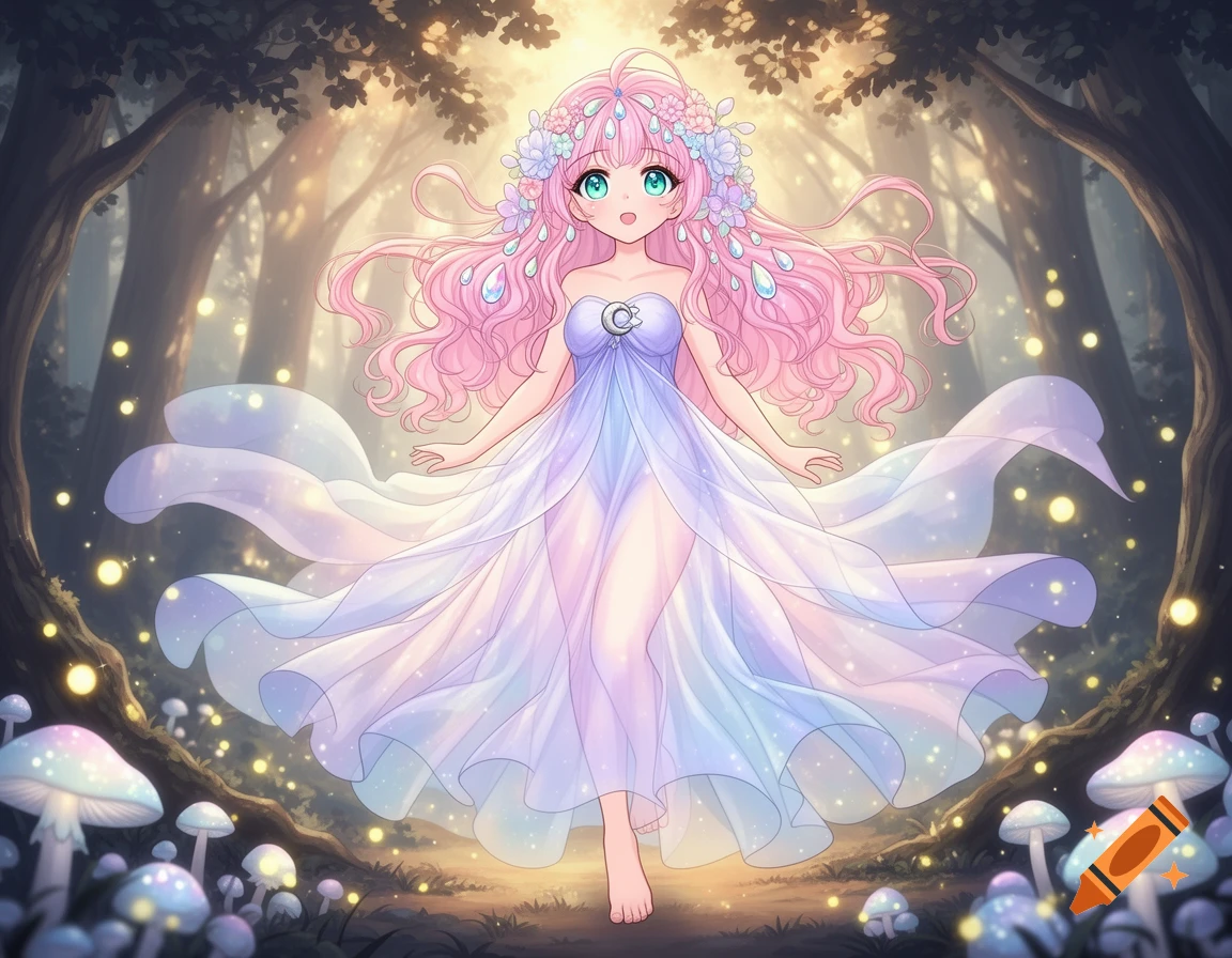 An anime fairy with pink hair in a flowing translucent dress stands barefoot in an enchanted forest with glowing mushrooms.