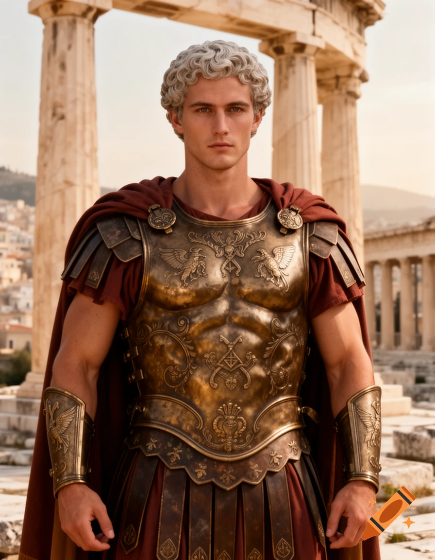 A man with curly white hair wearing detailed golden armor and a red cape stands in front of ancient Greek ruins.
