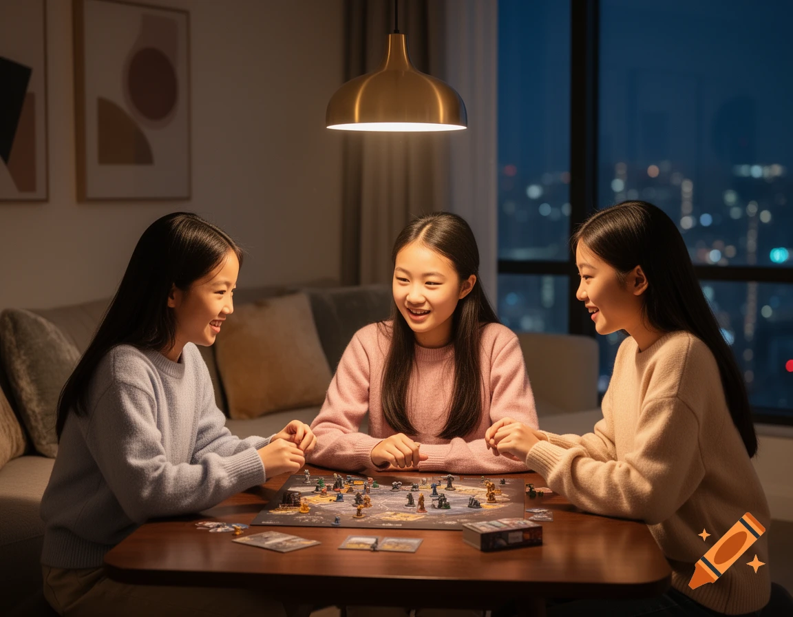 Three young Asian girls happily play a board game at a wooden table under a brass lamp, with a city view at night.