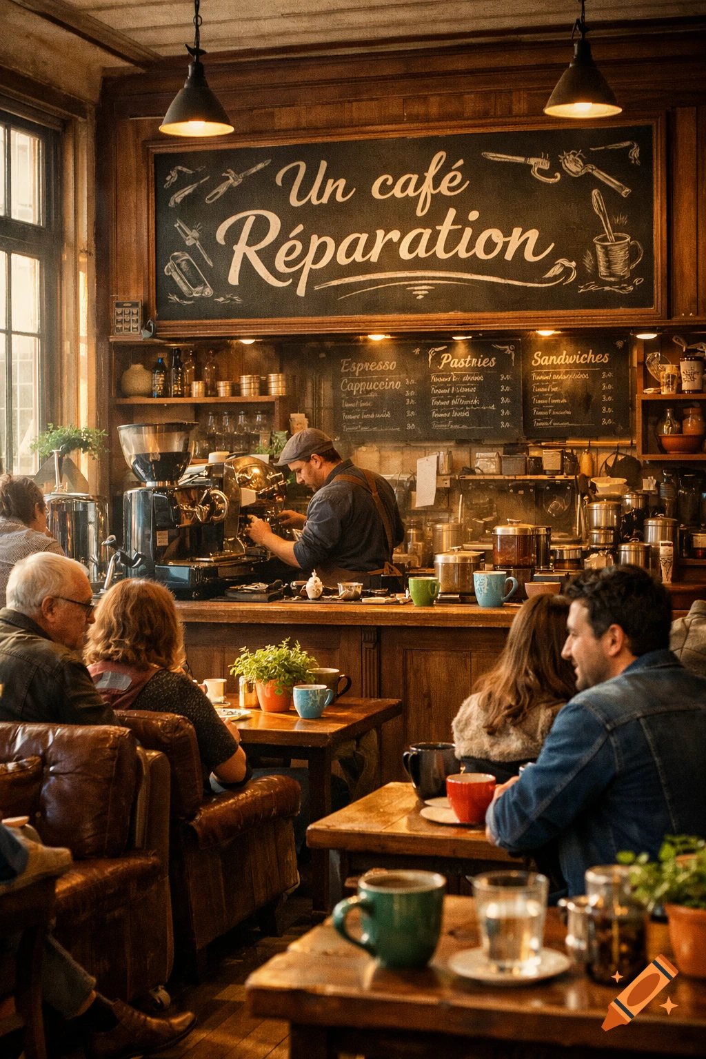A busy, cozy coffee shop interior with customers and a barista operating an espresso machine behind the counter.