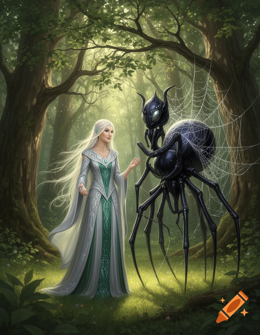 An elf-like woman with long white hair in a green and white gown interacts with a large, dark, stylized spider in a mystical forest.