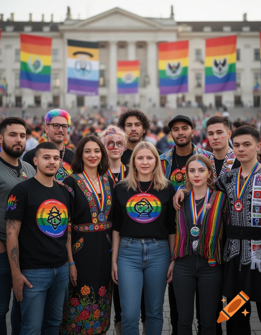 A diverse group of people wearing rainbow colors and symbols, posing in front of a building with rainbow flags, at a Pride event.