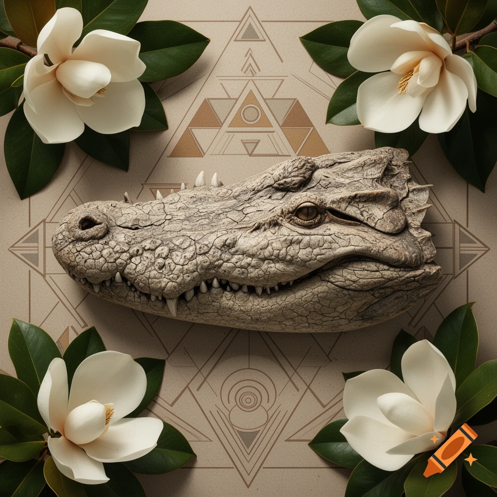Top-down view of a textured alligator head surrounded by white magnolia flowers, set against a beige background with geometric patterns.
