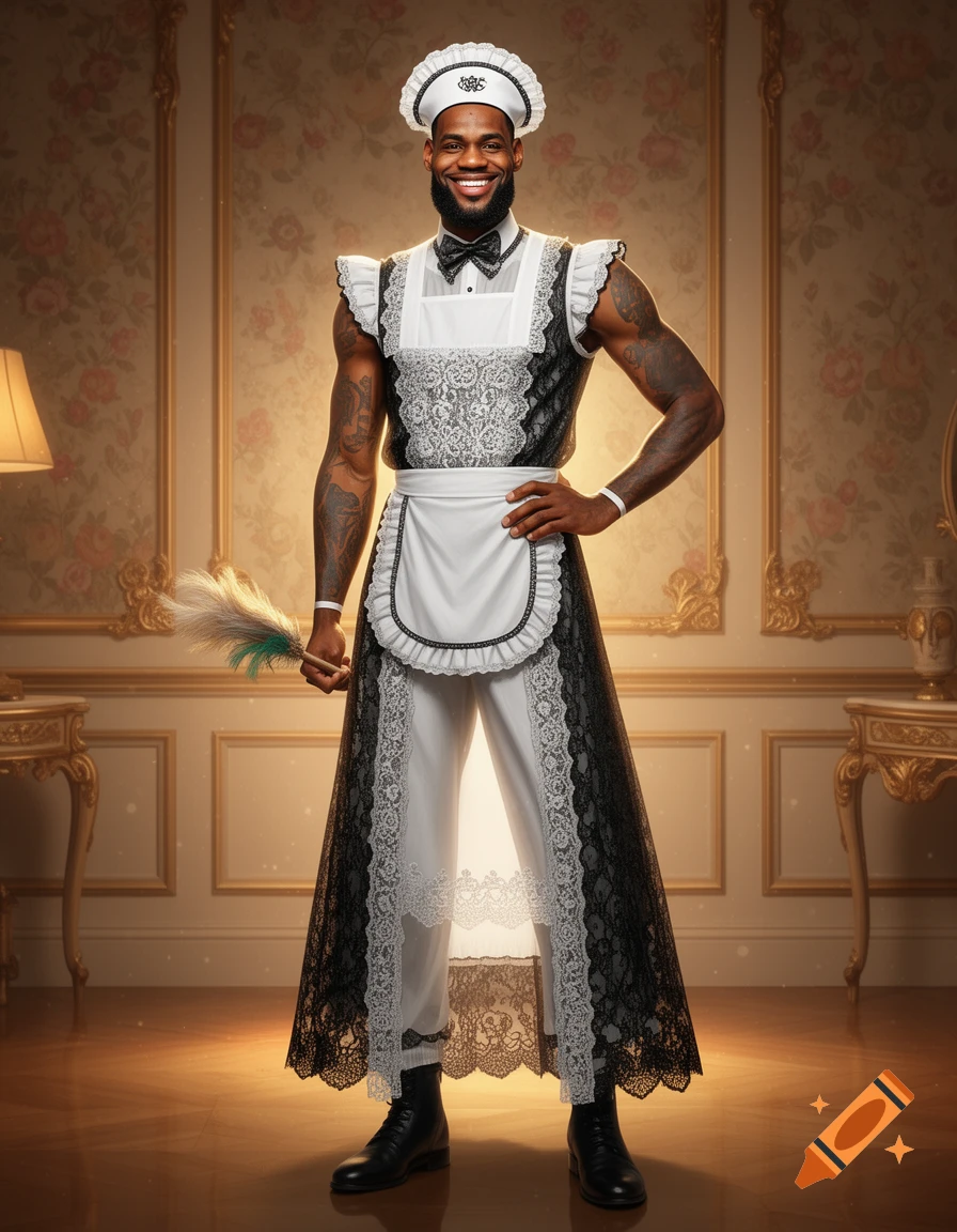 Photorealistic portrait of LeBron James smiling while wearing a black and white maid uniform and holding a feather duster in a luxurious room.