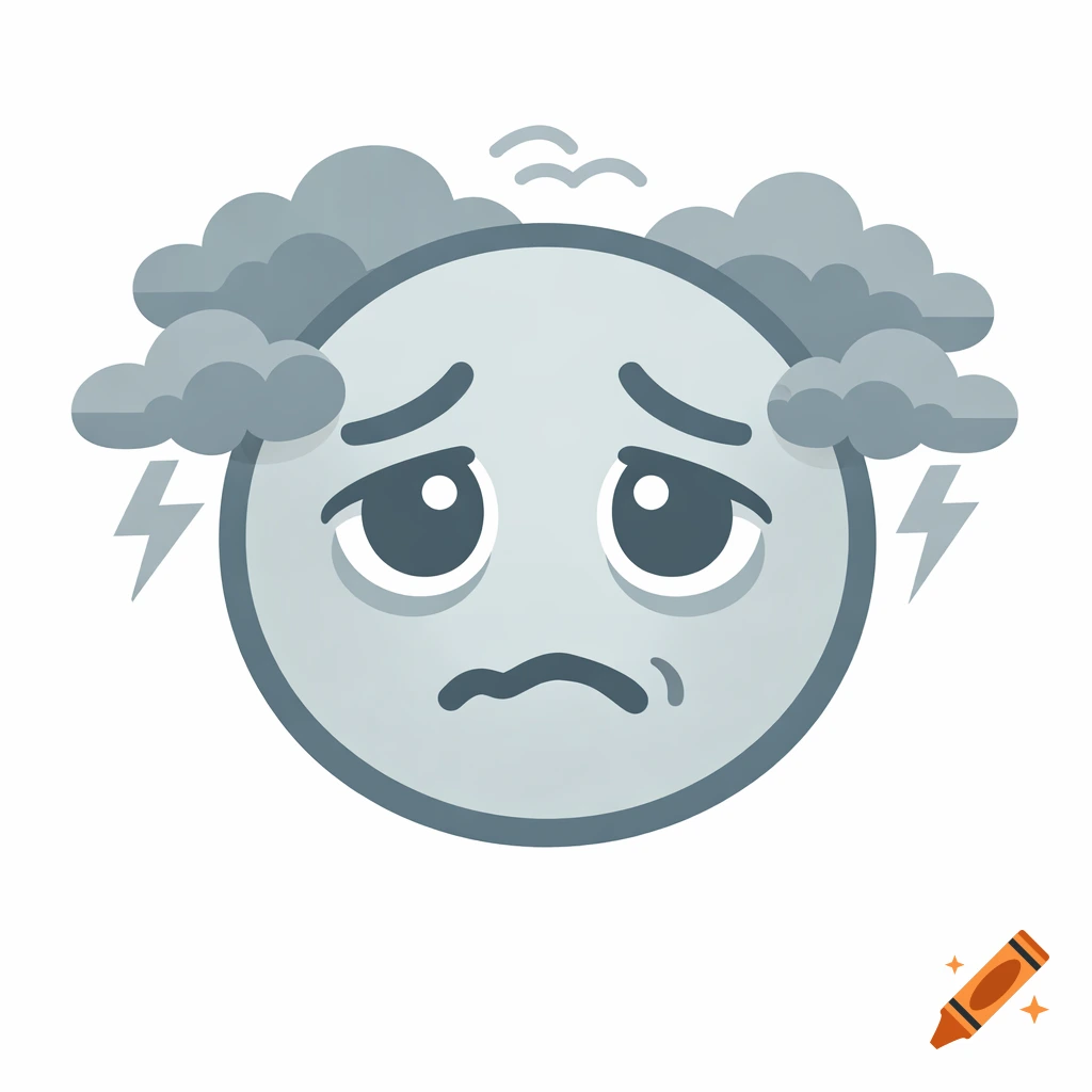 An illustration of a sad, grey emoji face with storm clouds and lightning bolts above its head.