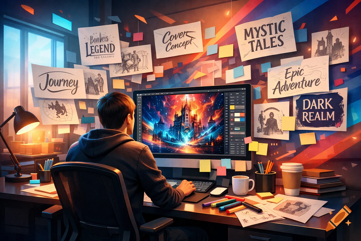 A designer works at a computer, editing a vibrant fantasy scene, surrounded by concept sketches and notes on a desk.
