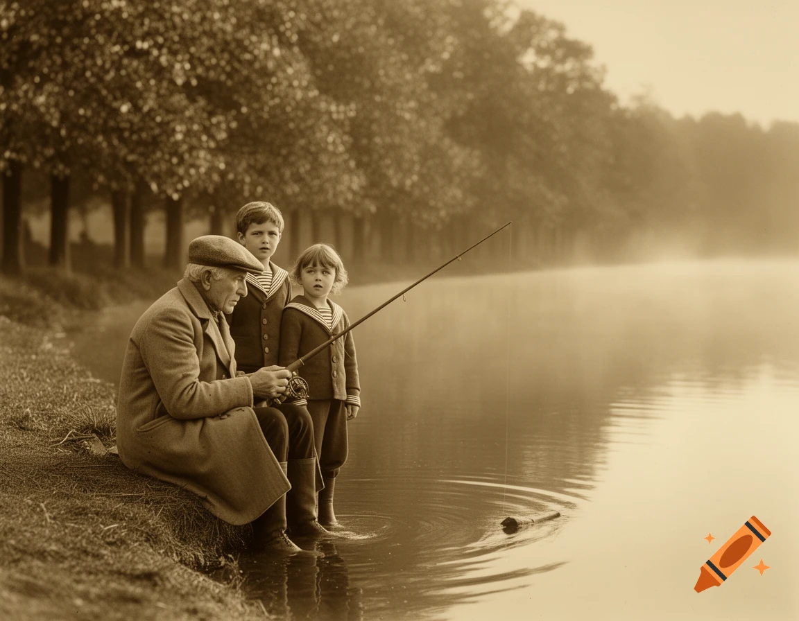 A sepia-toned vintage photo of an old man and two young boys fishing from a misty lake bank, surrounded by trees.