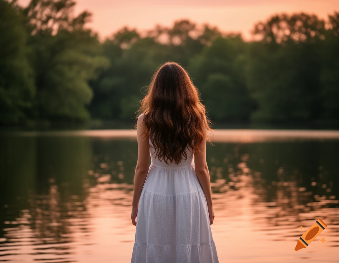 A woman with long brown hair in a white dress stands with her back to ...