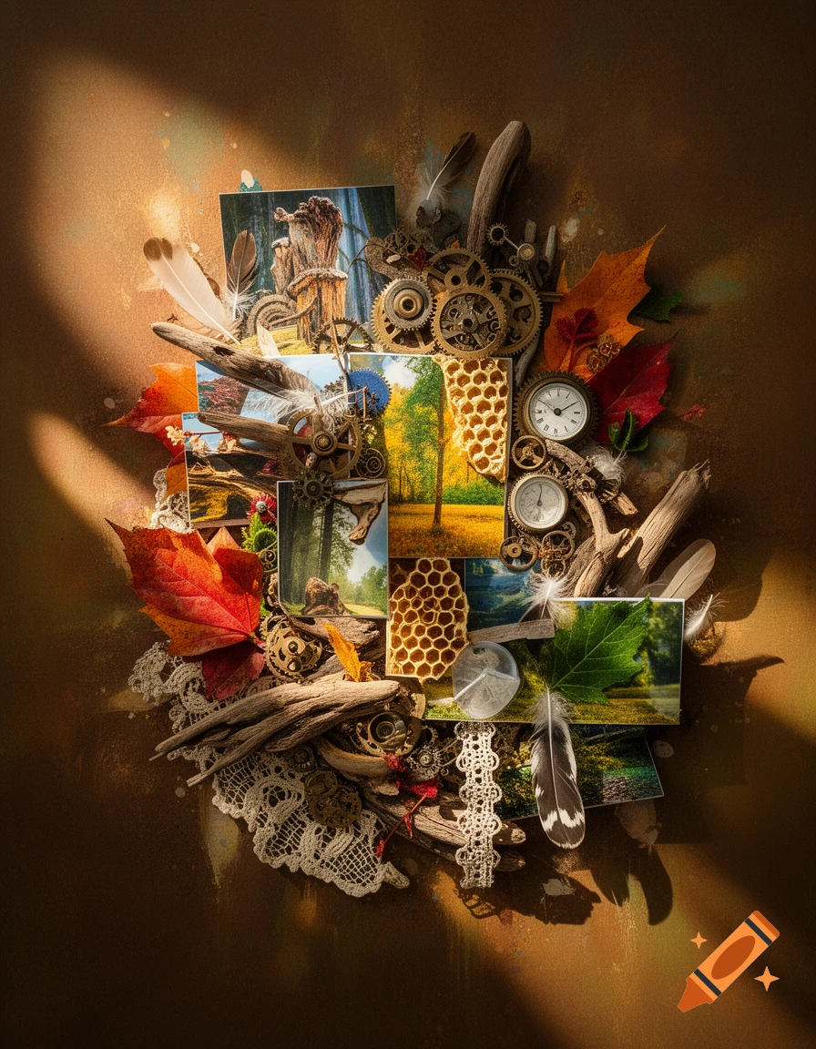 Assemblage art with landscape photos, gears, clocks, honeycomb, feathers, autumn leaves, driftwood, and lace on a warm background.