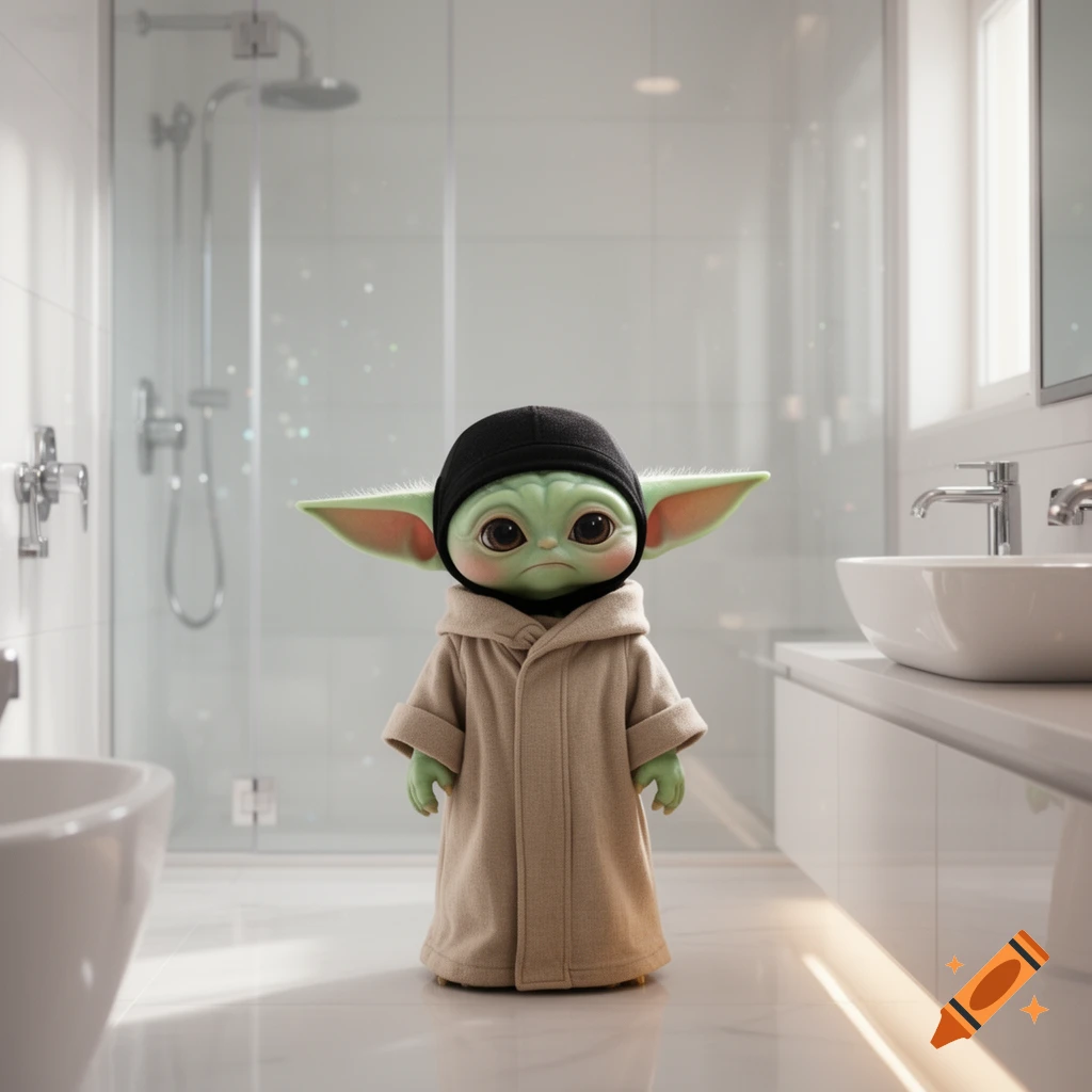 Photorealistic image of Grogu from The Mandalorian, wearing a beige coat and black cap, standing in a modern white bathroom.