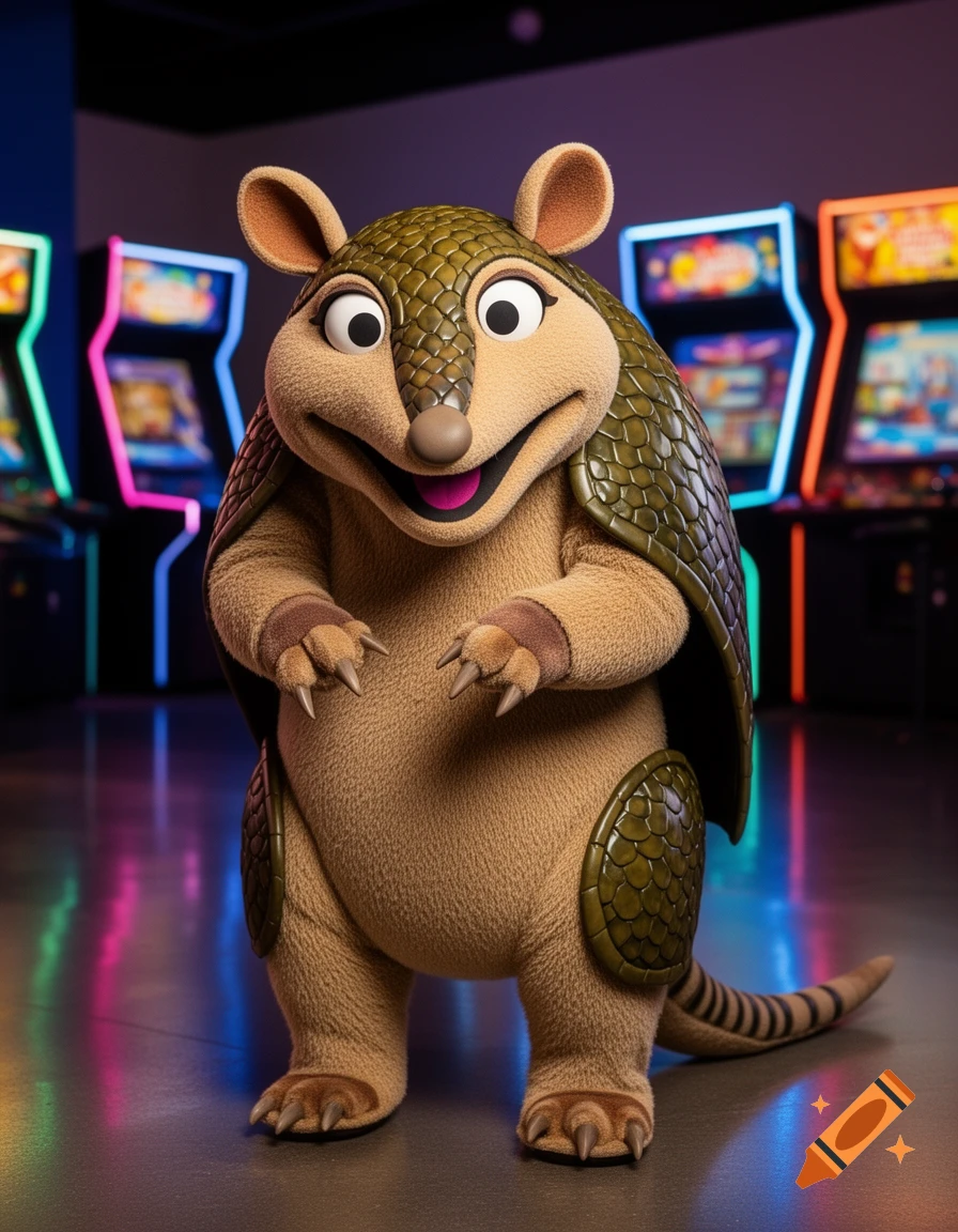 A friendly armadillo mascot character, resembling a puppet, with a scaly shell and furry body, stands smiling in a vibrant arcade.