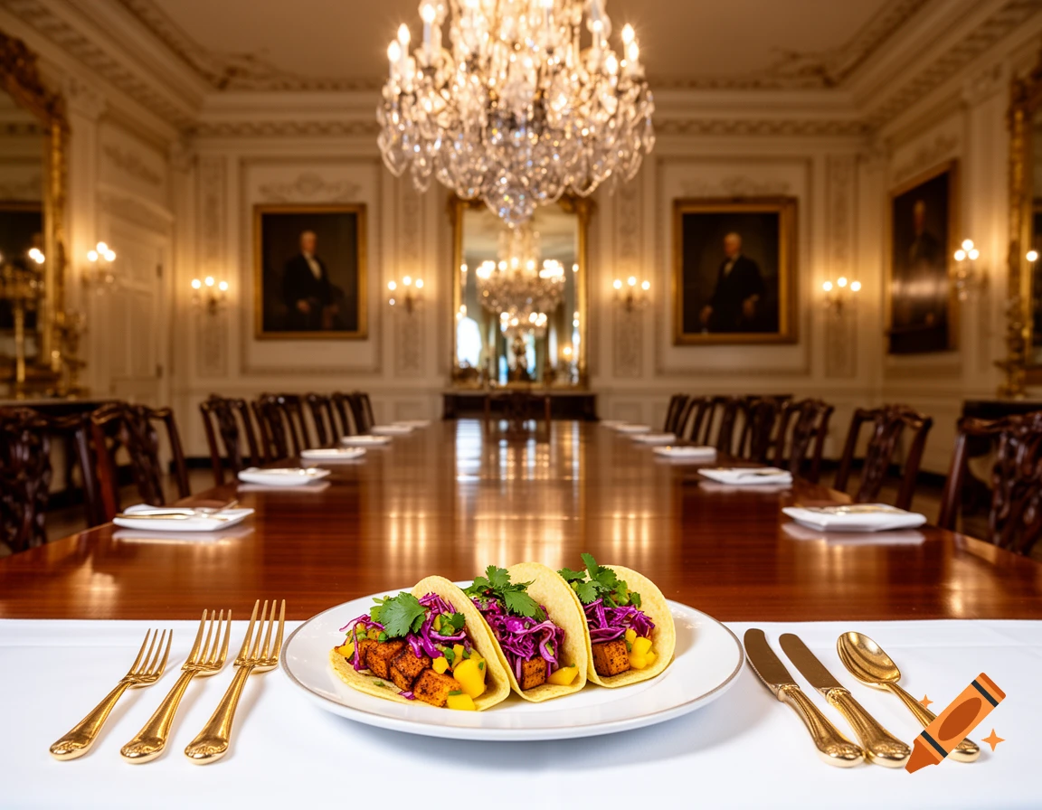 Three tofu tacos on a plate with golden cutlery set on a white tablecloth in an opulent dining room with chandeliers and portraits.